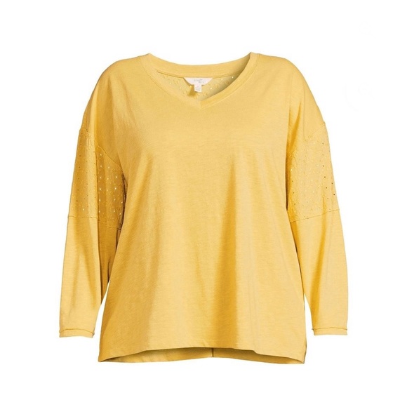 Terra & Sky Women’s Yellow Mixed Media V-Neck Eyelet Top Plus Size 4X (28W-30W) - Picture 14 of 14